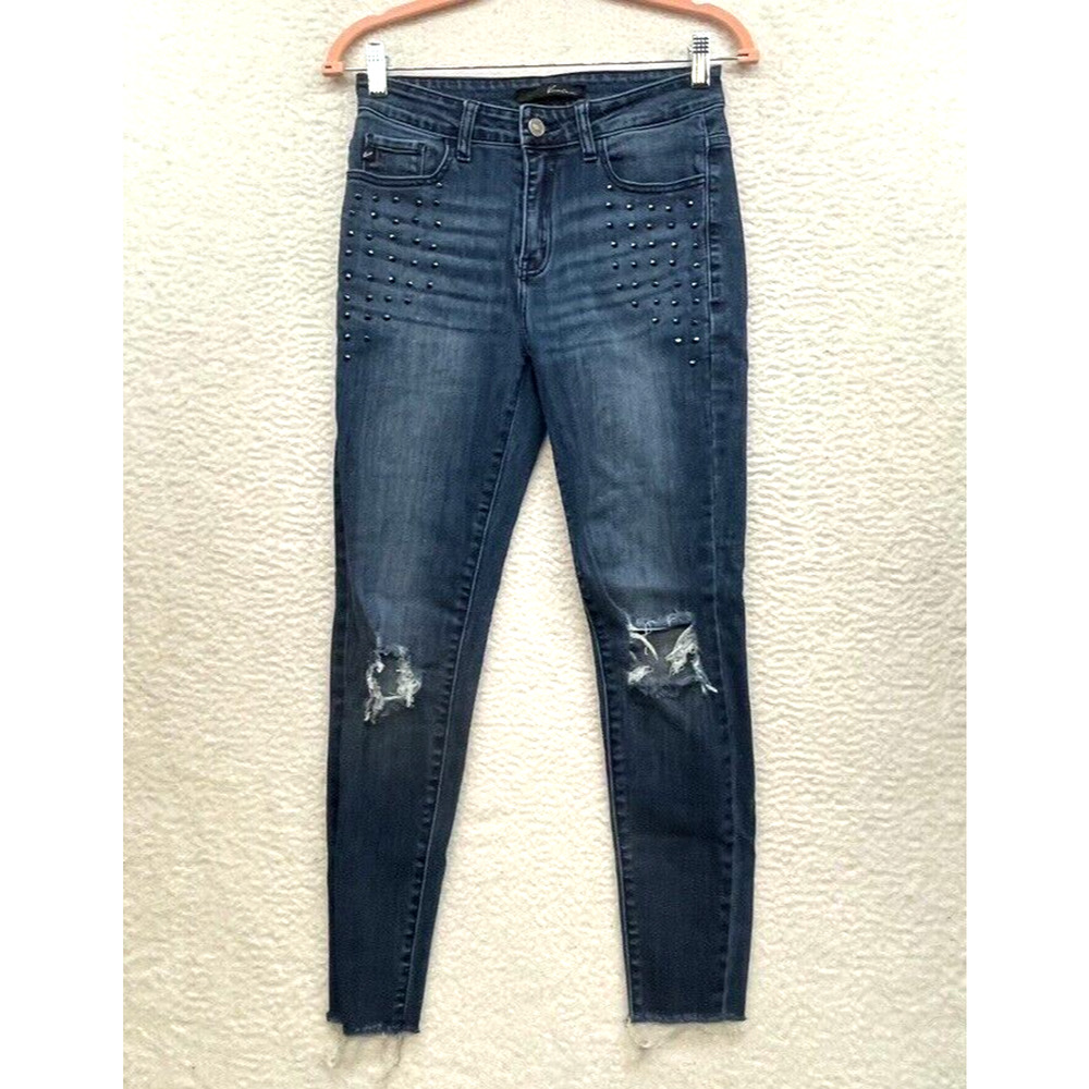 Kancan Jeans Womens 27 Blue Mid Rise Skinny Distressed Thrashed Studded Raw Hem